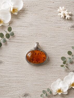 Vintage 925 Sterling Silver Baltic Amber Oval Pendant Large Cognac Amber